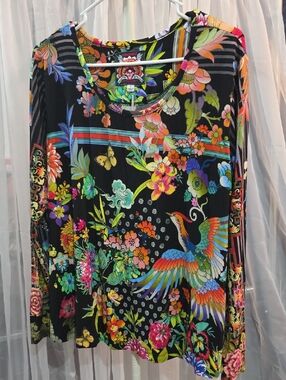 #236 NWT Johnny Was Black Long Sleeve Top with Multicolor Floral & Bird Print